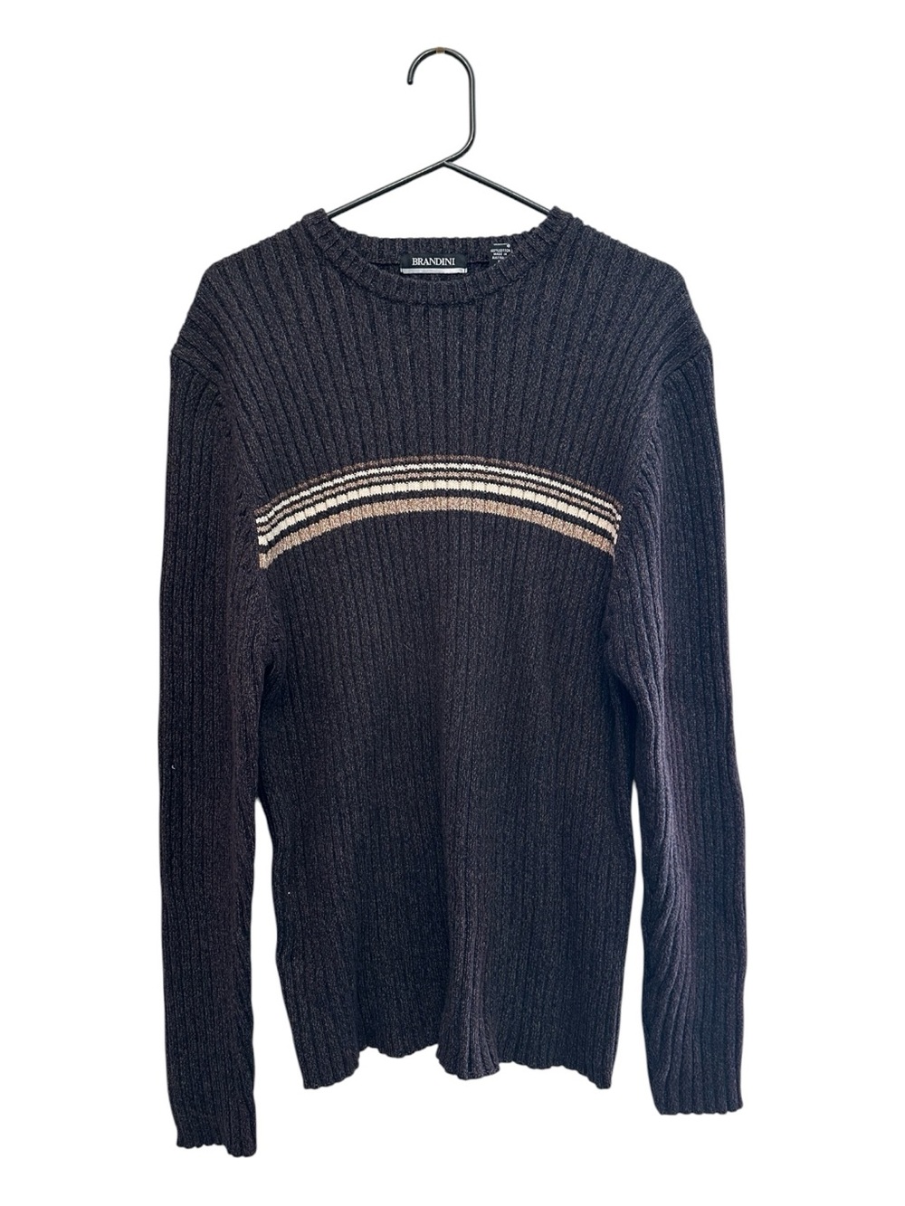 90’s Vintage Brandini Brown Cotton Sweater with Tan & Cream Stripes Size XL